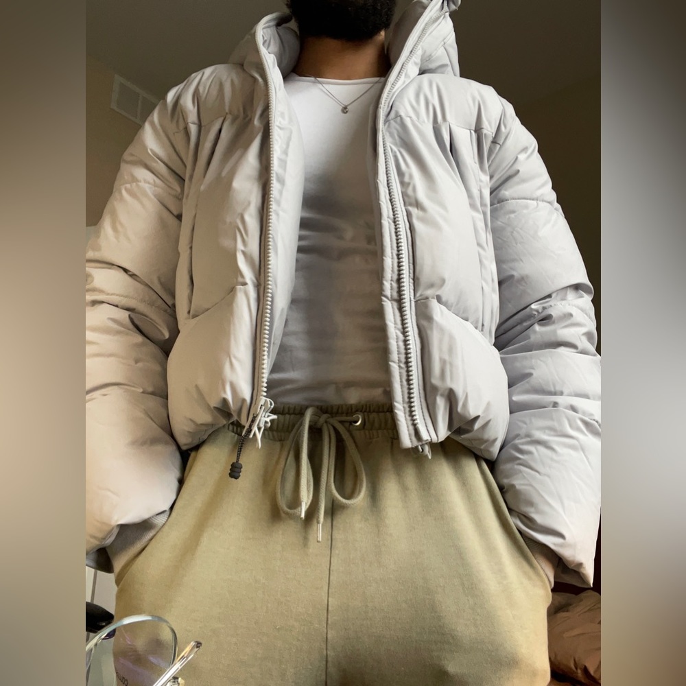 ASOS DESIGN puffer jacket with hood in gray